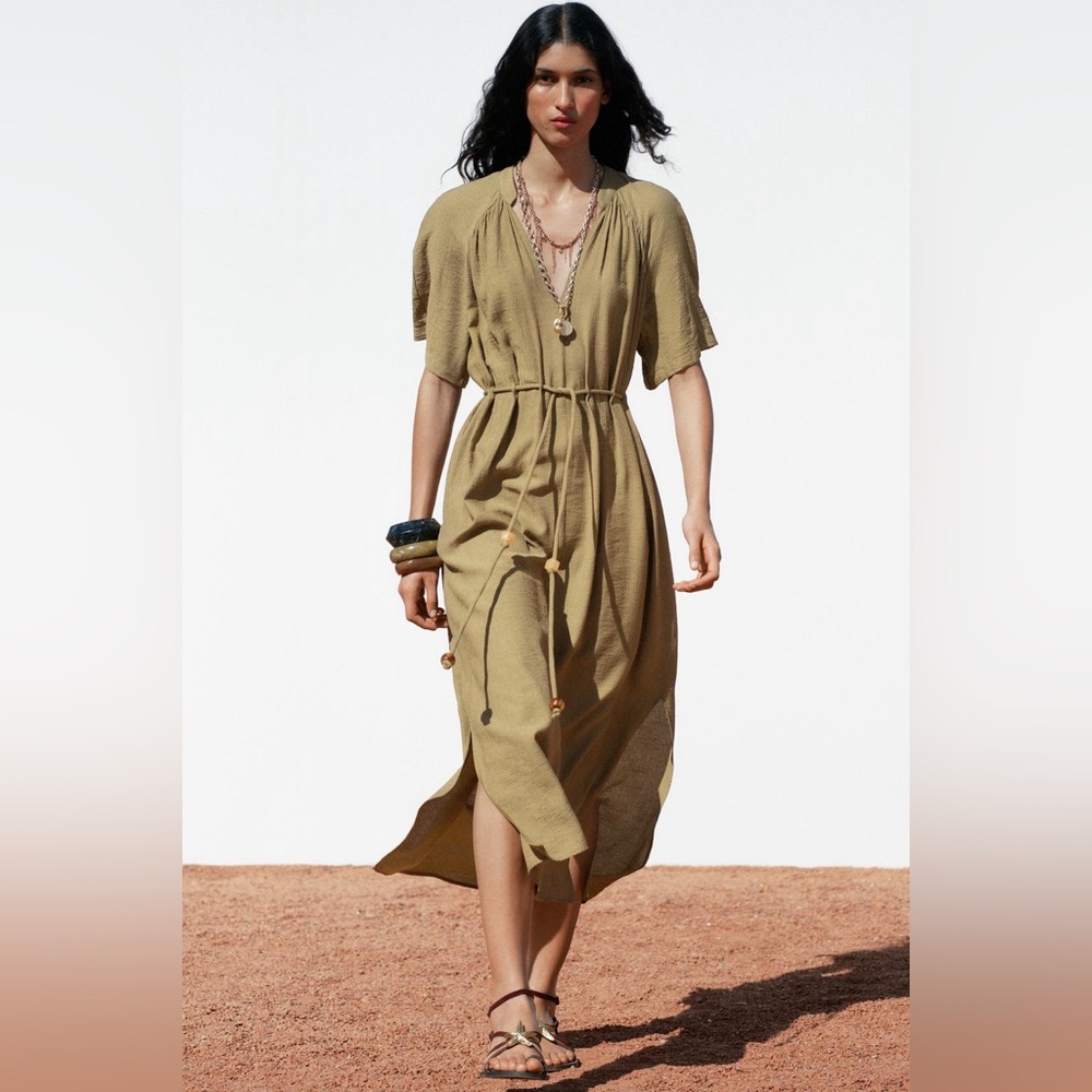 Zara Women’s (sold out) Beaded Belt Midi Dress Khaki Size Large